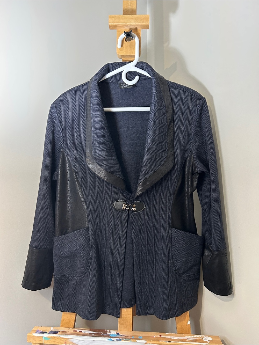 Women's Drape Navy Blazer with Faux Leather Trim